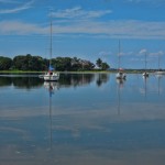 Sailboats moored just outside Great Peconic Bay on Long Island