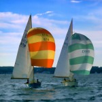 Lightening class sailboats racing with their colorful spinnakers catching the wind.