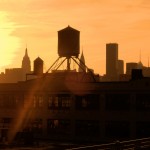 Long Island City Sunset with Manhattan skyline in the background.